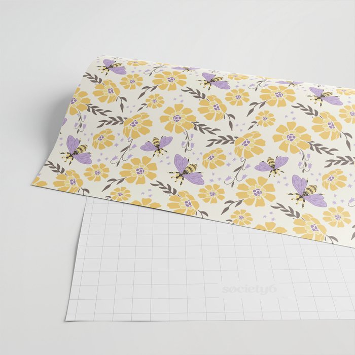 Honey Bees and Flowers - Yellow and Lavender Purple Wrapping Paper Gallery Image 2