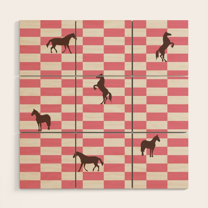 Pink Check Horses  Pattern Wood Wall Art Gallery Image 1