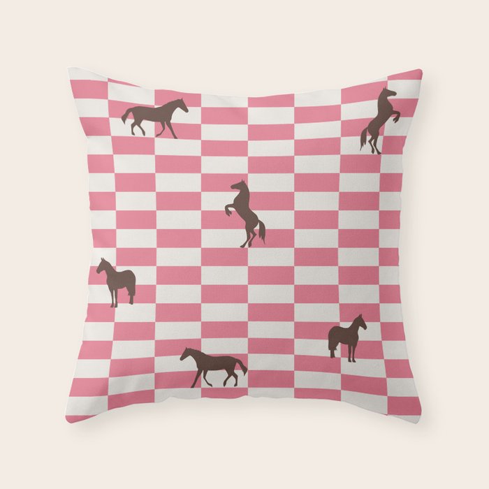 Pink Check Horses  Pattern Throw Pillow Gallery Image 6