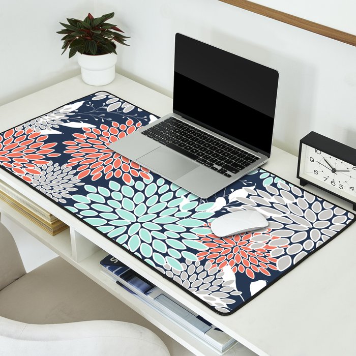 Floral Prints and Leaves, Navy, Aqua Coral and Gray Desk Mat Gallery Image 2