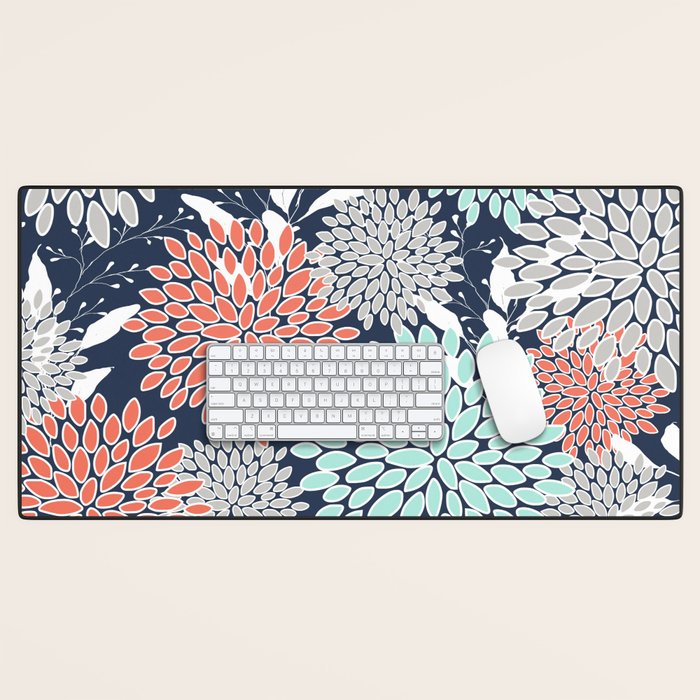 Floral Prints and Leaves, Navy, Aqua Coral and Gray Desk Mat Gallery Image 1
