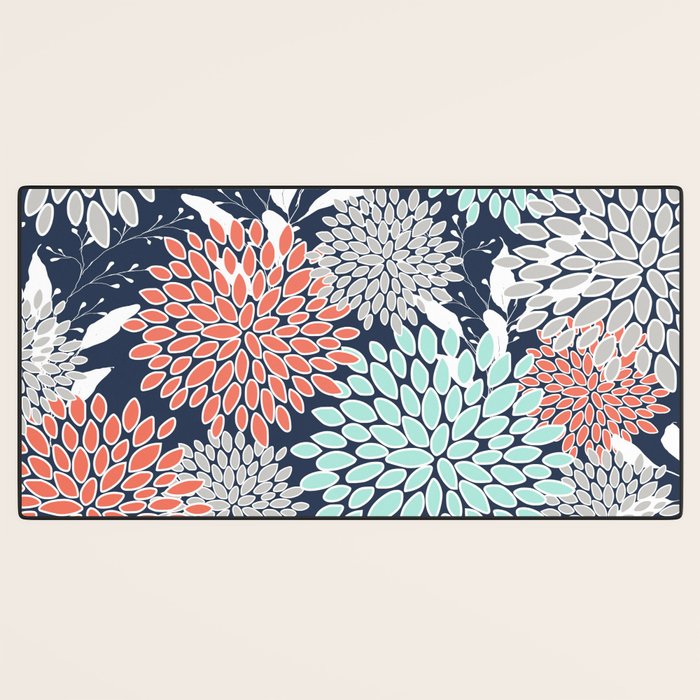 Floral Prints and Leaves, Navy, Aqua Coral and Gray Desk Mat Gallery Image 3