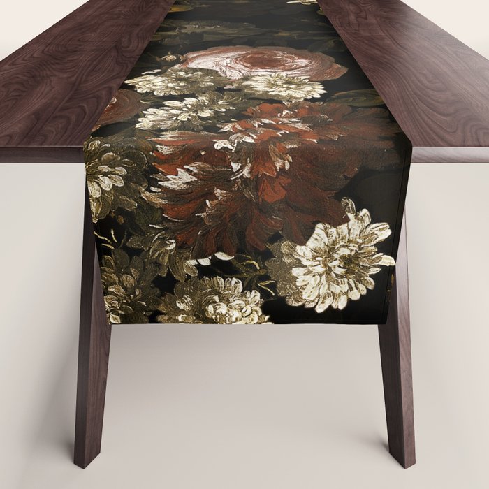 Antique Botanical Roses And Chamomile Midnight Sepia Garden Table Runner Gallery Image 1