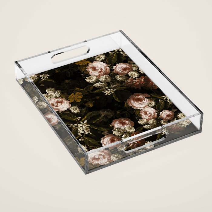 Antique Botanical Roses And Chamomile Midnight Sepia Garden Acrylic Tray Gallery Image 1
