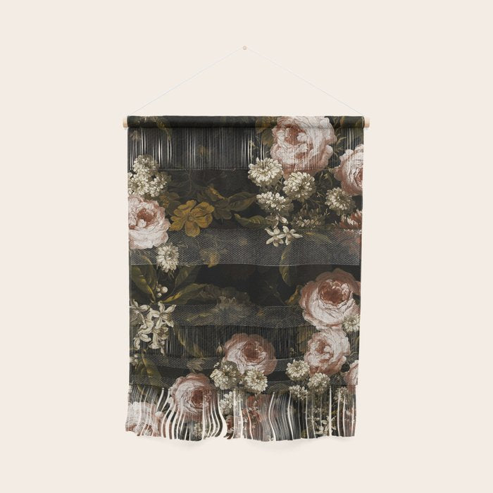 Antique Botanical Roses And Chamomile Midnight Sepia Garden Wall Hanging Gallery Image 1
