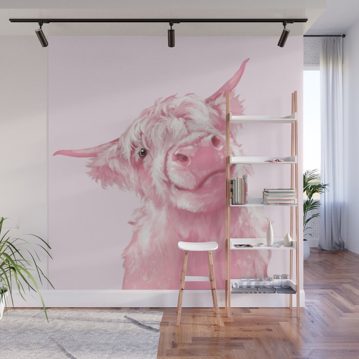 Highland Cow Pink Wall Mural Gallery Image 1