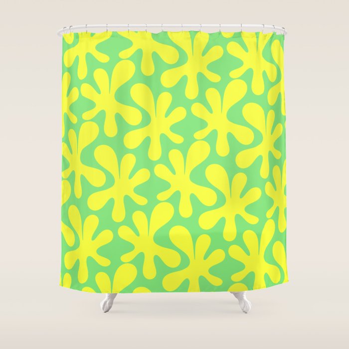 Neon Yellow and Lime Green Amoeba Dance Vivid Retro Modern Pattern Shower Curtain Gallery Image 1
