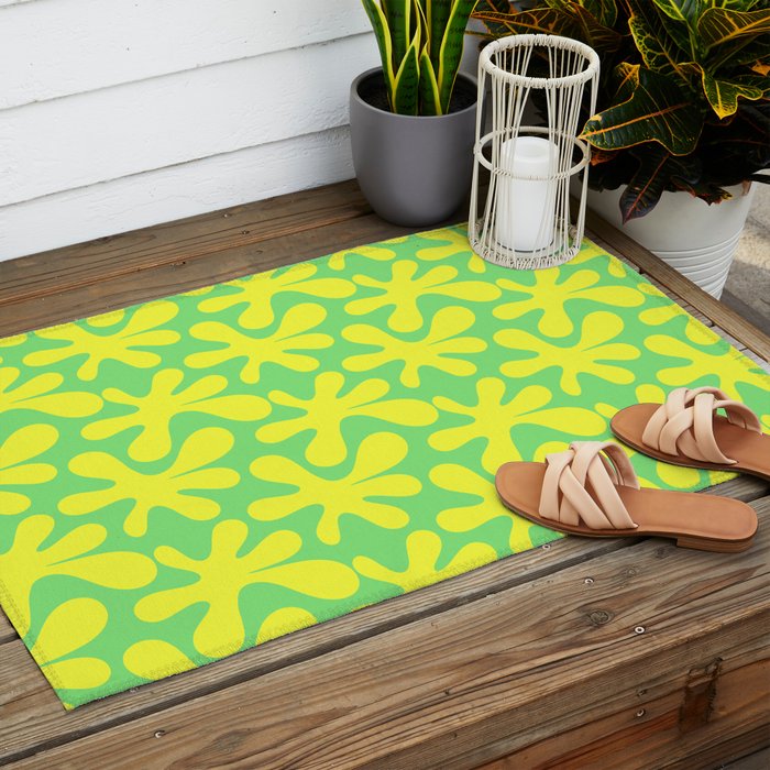 Neon Yellow and Lime Green Amoeba Dance Vivid Retro Modern Pattern Outdoor Rug Gallery Image 2
