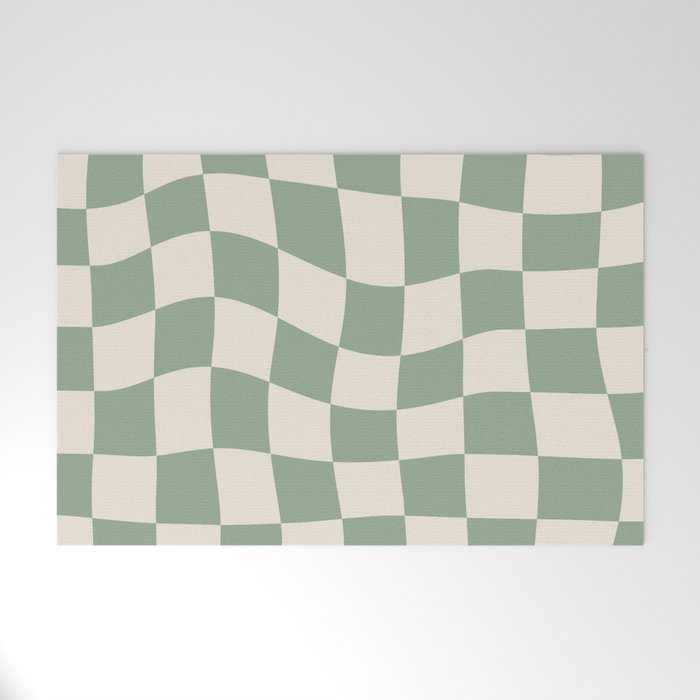 Sage Green Wavy Checkered Pattern Welcome Mat Gallery Image 1