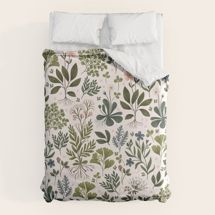 Herbarium ~ vintage inspired botanical art print ~ white Duvet Cover Gallery Image 1