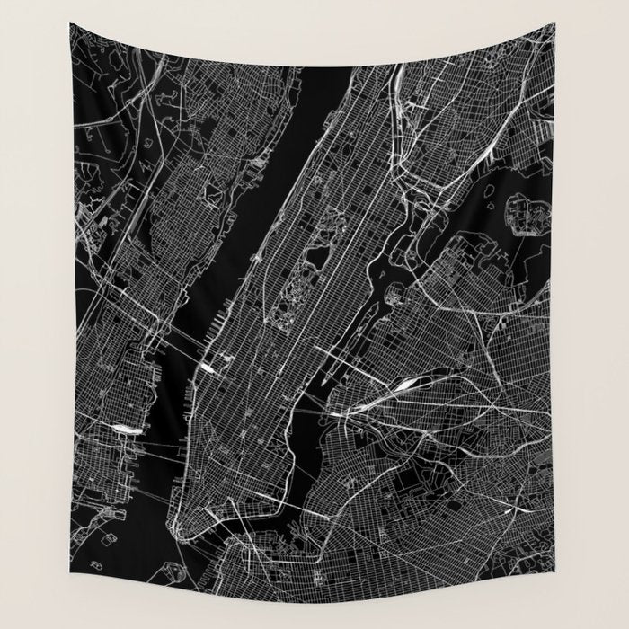 New York City Black Map Wall Tapestry