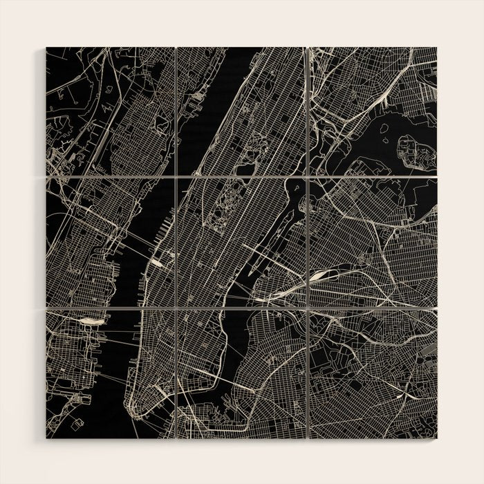 New York City Black Map Wood Wall Art Gallery Image 1