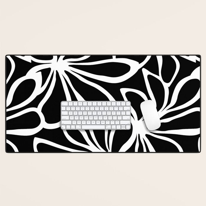 Abstract black and white flower art pattern Desk Mat Gallery Image 1