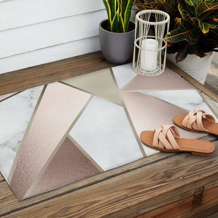 Geometric Art, Rose Gold, Blush Pink, Marble Prints Outdoor Rug Gallery Image 2