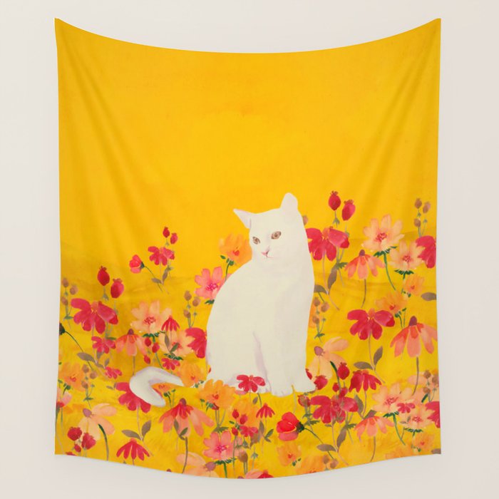 cat in a field of flowers 3 Wall Tapestry Gallery Image 4