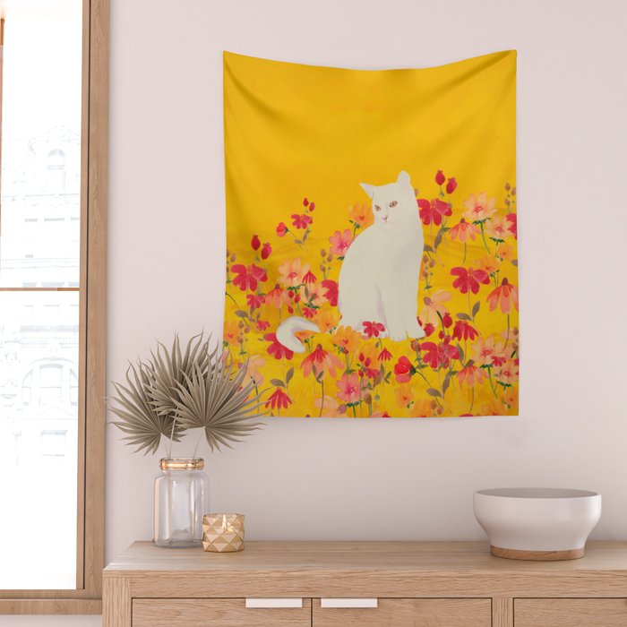 cat in a field of flowers 3 Wall Tapestry Gallery Image 2