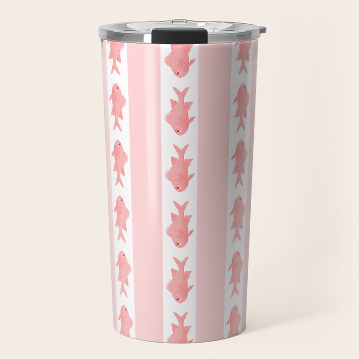 Coastal Fish Stripes Contemporary Cottage Pattern in Pastel Pink and White Travel Mug Gallery Image 1