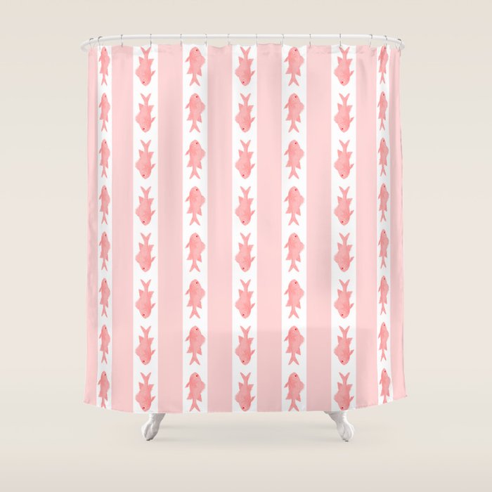 Coastal Fish Stripes Contemporary Cottage Pattern in Pastel Pink and White Shower Curtain Gallery Image 1