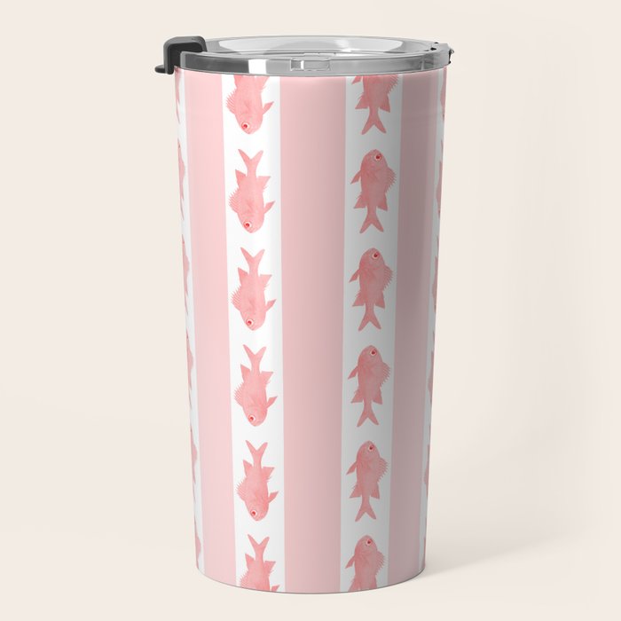 Coastal Fish Stripes Contemporary Cottage Pattern in Pastel Pink and White Travel Mug Gallery Image 3