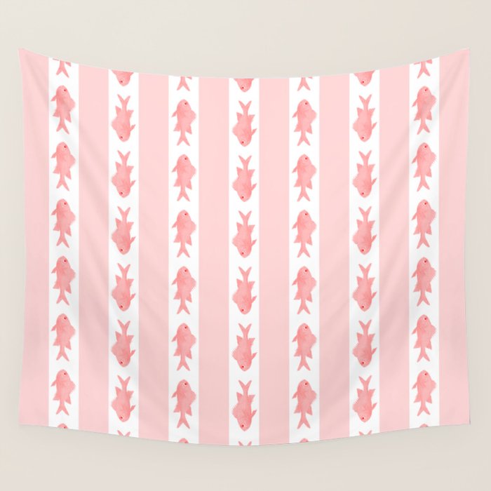 Coastal Fish Stripes Contemporary Cottage Pattern in Pastel Pink and White Wall Tapestry Gallery Image 4