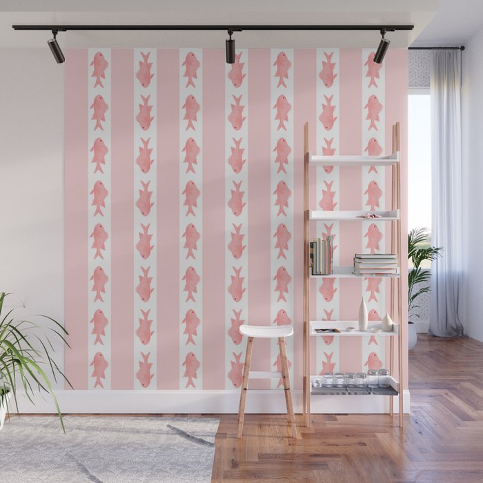 Coastal Fish Stripes Contemporary Cottage Pattern in Pastel Pink and White Wall Mural Gallery Image 1