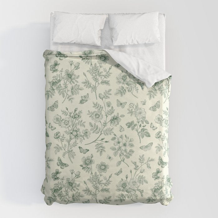 Toile de Jouy Wild Roses & Butterflies Forest Green Floral Duvet Cover Gallery Image 1