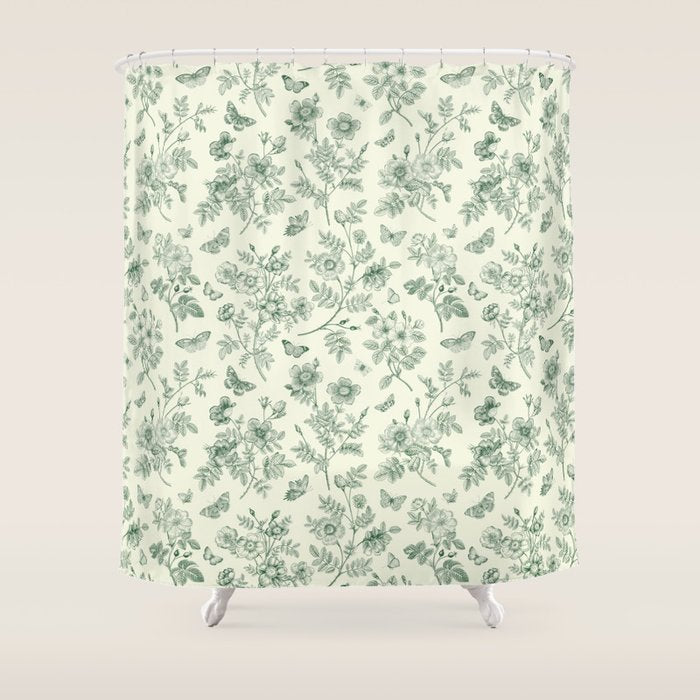 Toile de Jouy Wild Roses & Butterflies Forest Green Floral Shower Curtain Gallery Image 1
