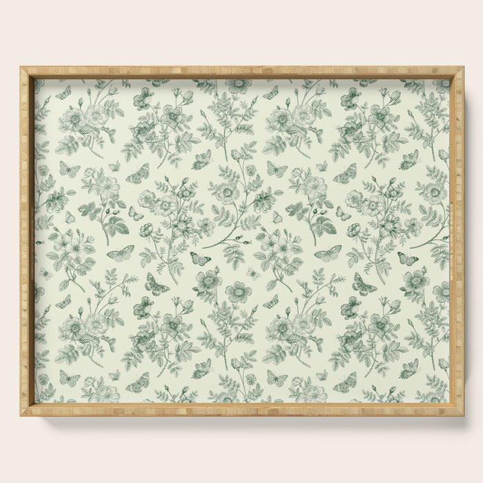 Toile de Jouy Wild Roses & Butterflies Forest Green Floral Serving Tray Gallery Image 1
