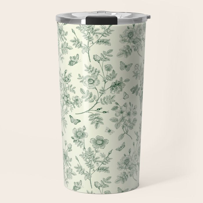 Toile de Jouy Wild Roses & Butterflies Forest Green Floral Travel Mug Gallery Image 1