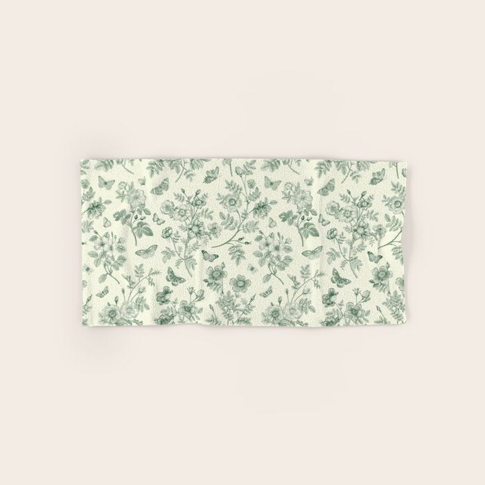 Toile de Jouy Wild Roses & Butterflies Forest Green Floral Bath Towel Gallery Image 1