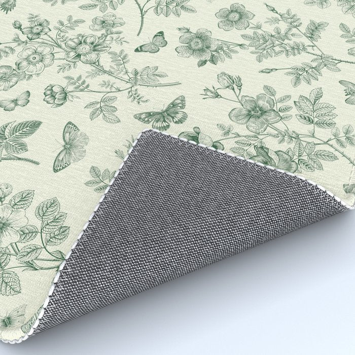 Toile de Jouy Wild Roses & Butterflies Forest Green Floral Rug Gallery Image 4