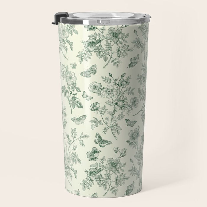 Toile de Jouy Wild Roses & Butterflies Forest Green Floral Travel Mug Gallery Image 3