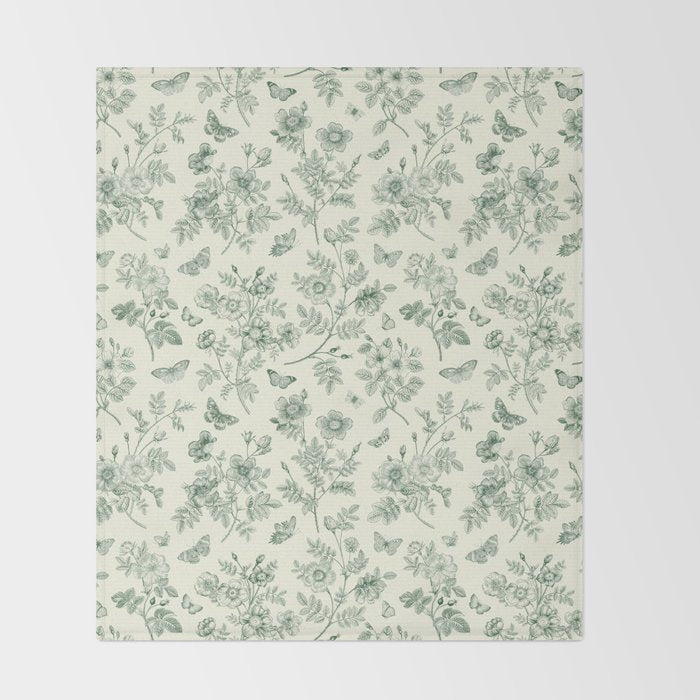 Toile de Jouy Wild Roses & Butterflies Forest Green Floral Throw Blanket Gallery Image 2