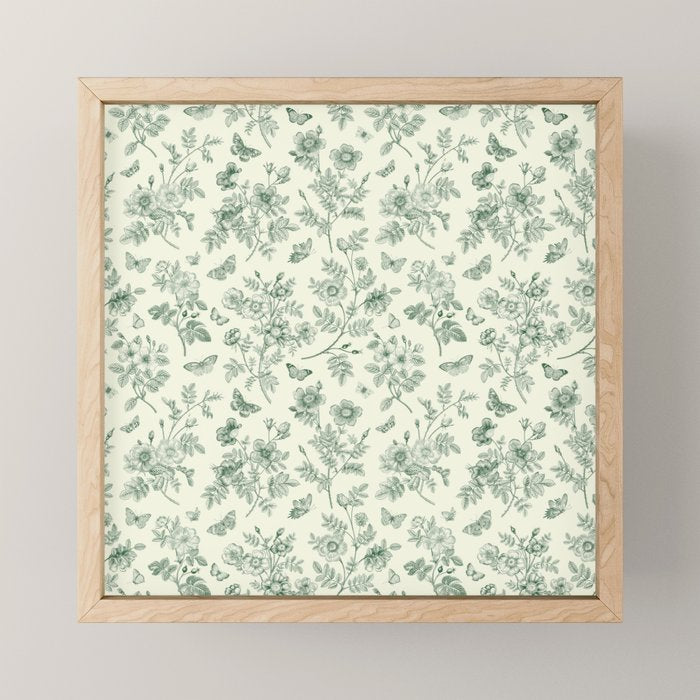 Toile de Jouy Wild Roses & Butterflies Forest Green Floral Mini Art Print Gallery Image 1