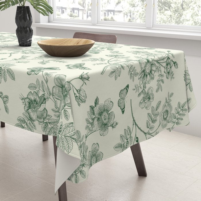 Toile de Jouy Wild Roses & Butterflies Forest Green Floral Tablecloth Gallery Image 3