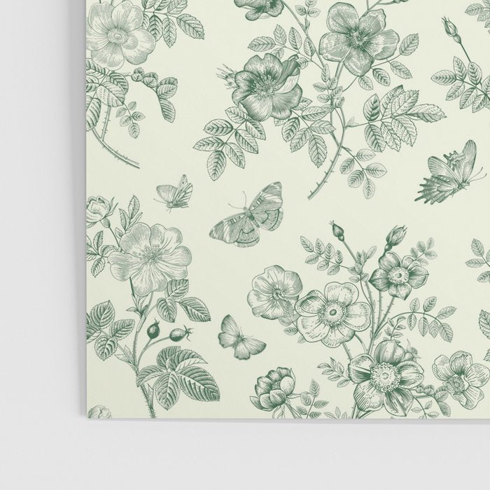 Toile de Jouy Wild Roses & Butterflies Forest Green Floral Poster Gallery Image 3