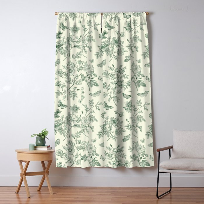 Toile de Jouy Wild Roses & Butterflies Forest Green Floral Window Curtain Gallery Image 1