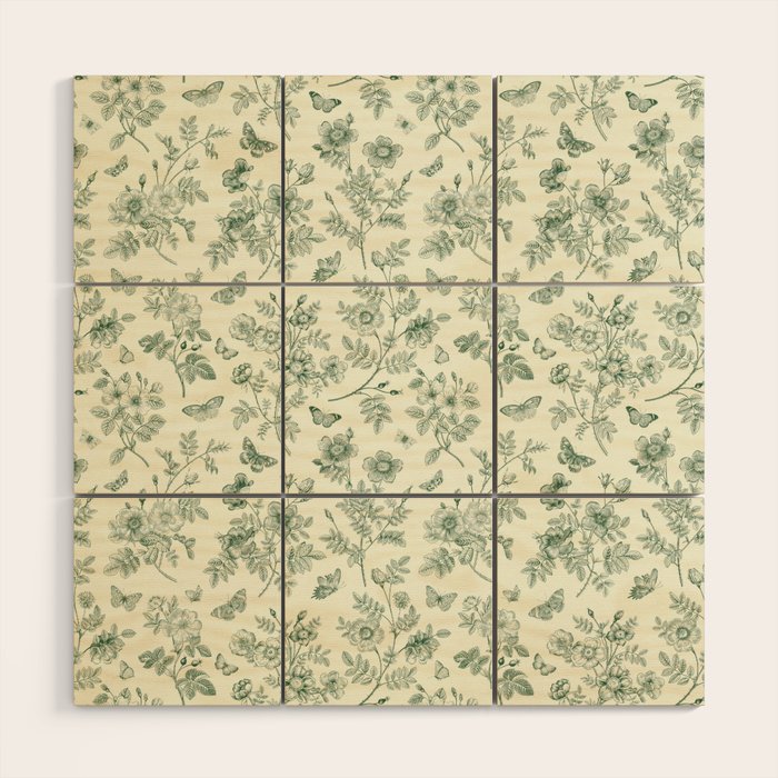 Toile de Jouy Wild Roses & Butterflies Forest Green Floral Wood Wall Art Gallery Image 1