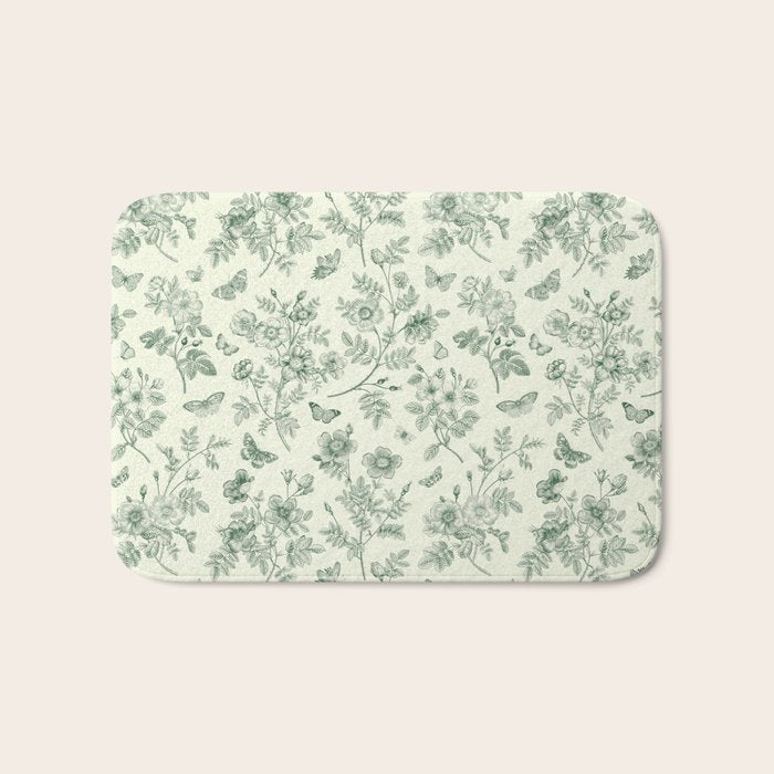Toile de Jouy Wild Roses & Butterflies Forest Green Floral Bath Mat Gallery Image 1