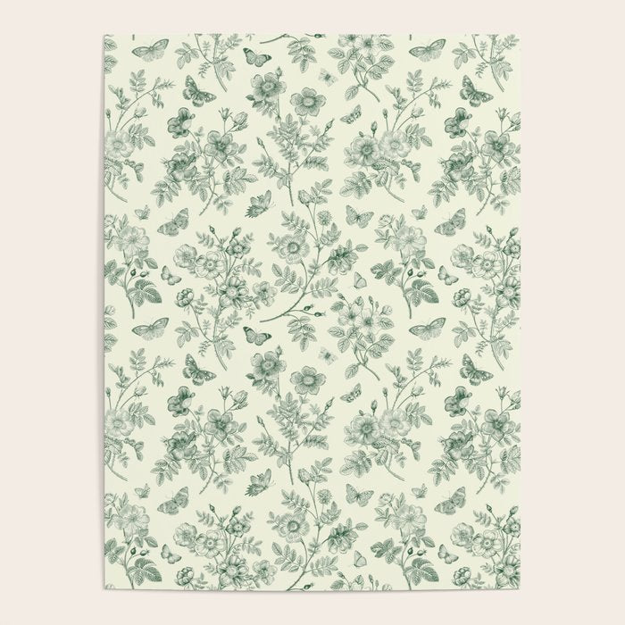 Toile de Jouy Wild Roses & Butterflies Forest Green Floral Poster Gallery Image 1