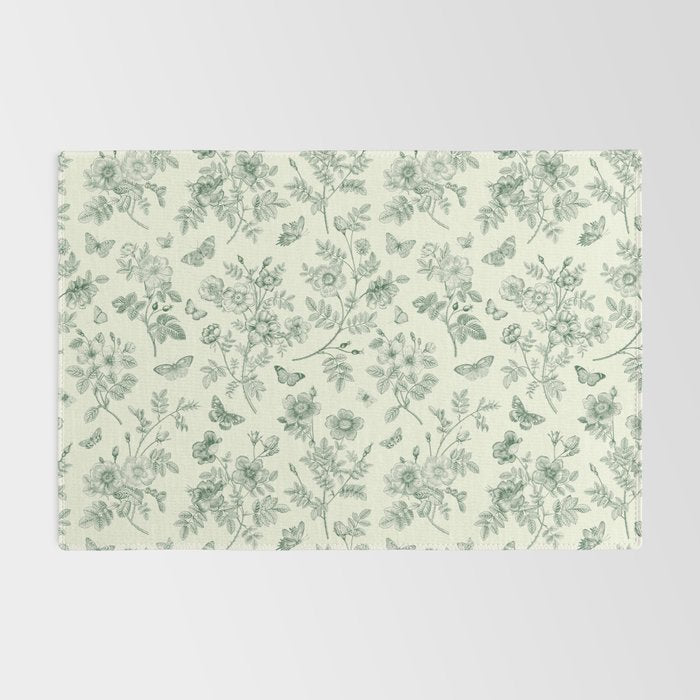 Toile de Jouy Wild Roses & Butterflies Forest Green Floral Rug Gallery Image 2