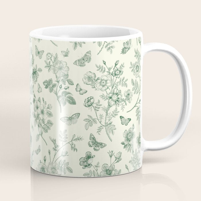 Toile de Jouy Wild Roses & Butterflies Forest Green Floral Coffee Mug Gallery Image 1