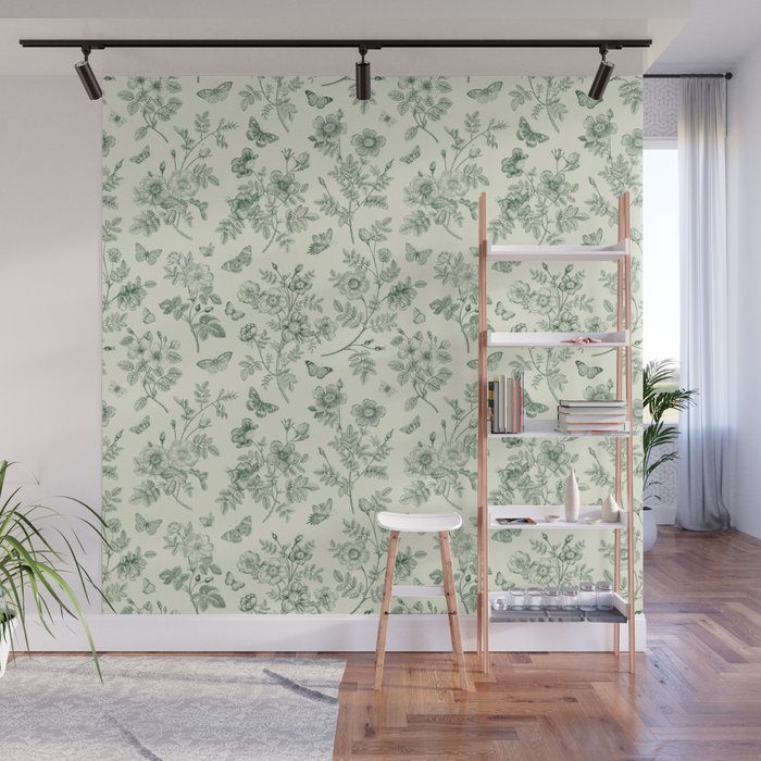 Toile de Jouy Wild Roses & Butterflies Forest Green Floral Wall Mural Gallery Image 1
