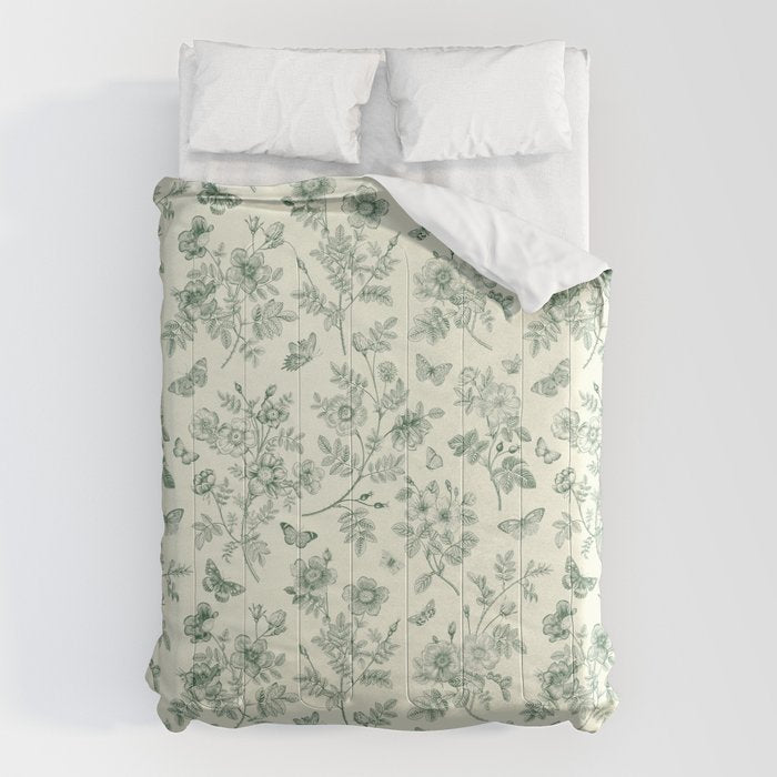 Toile de Jouy Wild Roses & Butterflies Forest Green Floral Comforter Gallery Image 6
