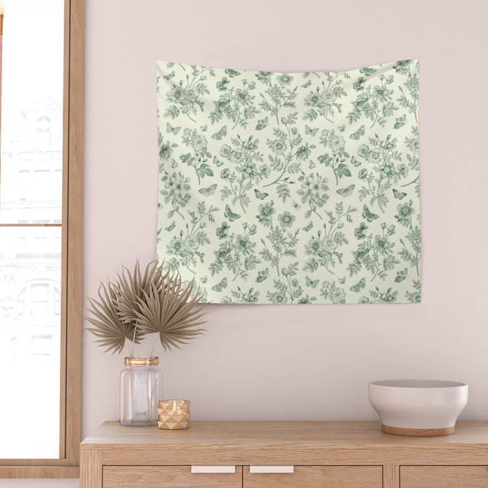 Toile de Jouy Wild Roses & Butterflies Forest Green Floral Wall Tapestry Gallery Image 2