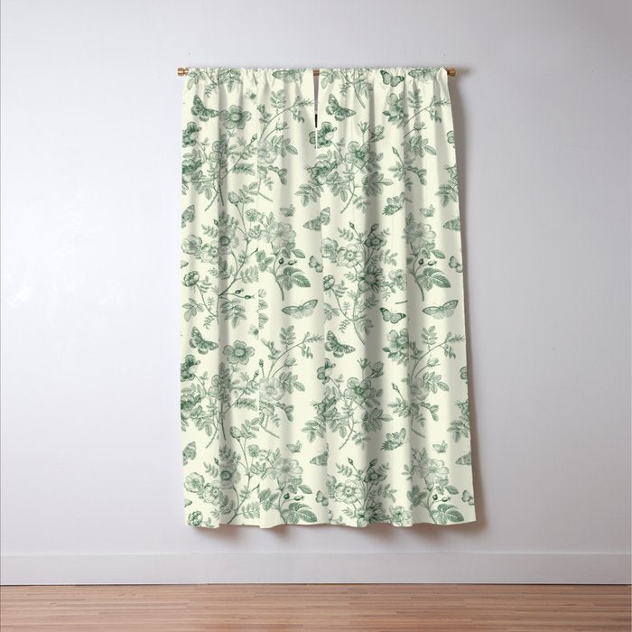Toile de Jouy Wild Roses & Butterflies Forest Green Floral Window Curtain Gallery Image 3