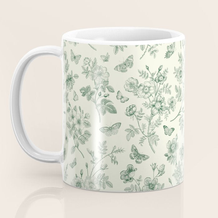 Toile de Jouy Wild Roses & Butterflies Forest Green Floral Coffee Mug Gallery Image 3
