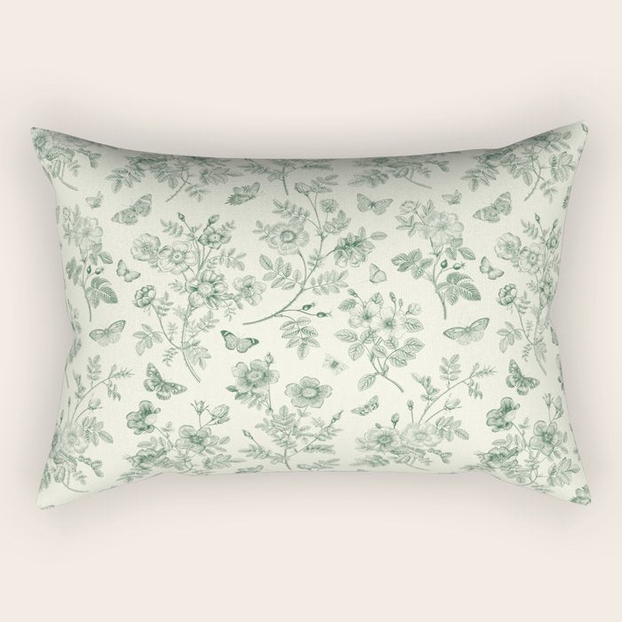 Toile de Jouy Wild Roses & Butterflies Forest Green Floral Rectangular Pillow Gallery Image 1