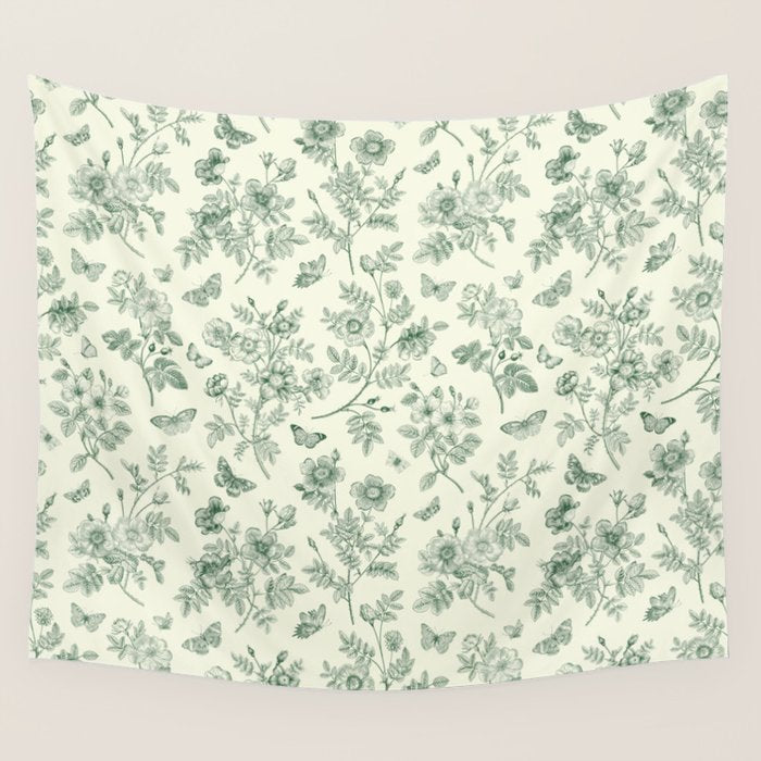 Toile de Jouy Wild Roses & Butterflies Forest Green Floral Wall Tapestry Gallery Image 4