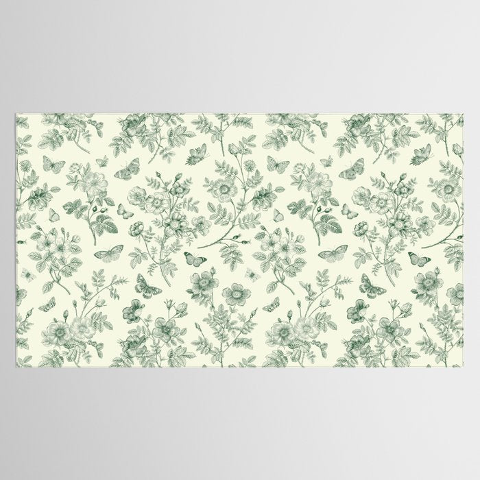 Toile de Jouy Wild Roses & Butterflies Forest Green Floral Tablecloth Gallery Image 2